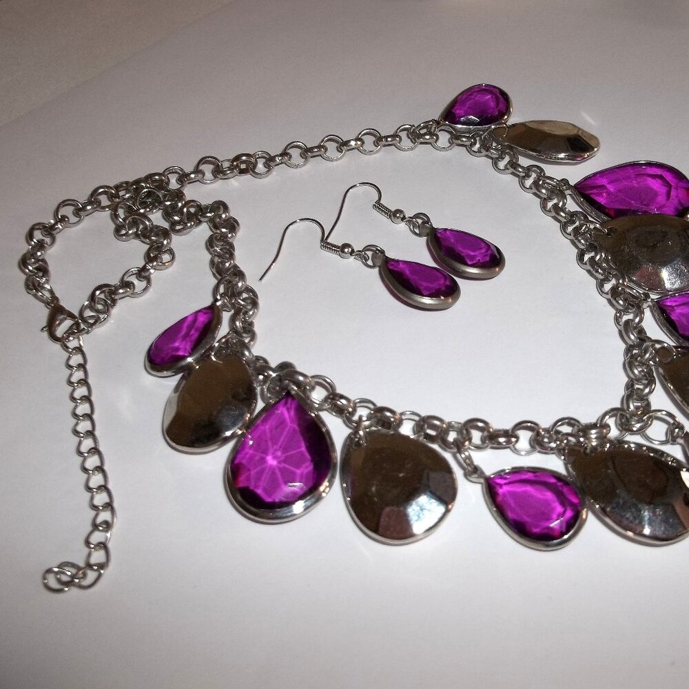 Purple And Silver Statement Teardrop Necklace Ear… - image 3